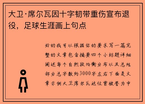 大卫·席尔瓦因十字韧带重伤宣布退役，足球生涯画上句点