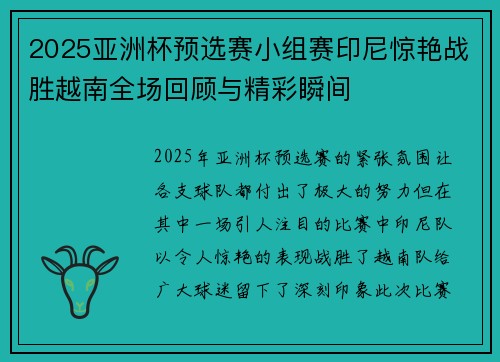 2025亚洲杯预选赛小组赛印尼惊艳战胜越南全场回顾与精彩瞬间